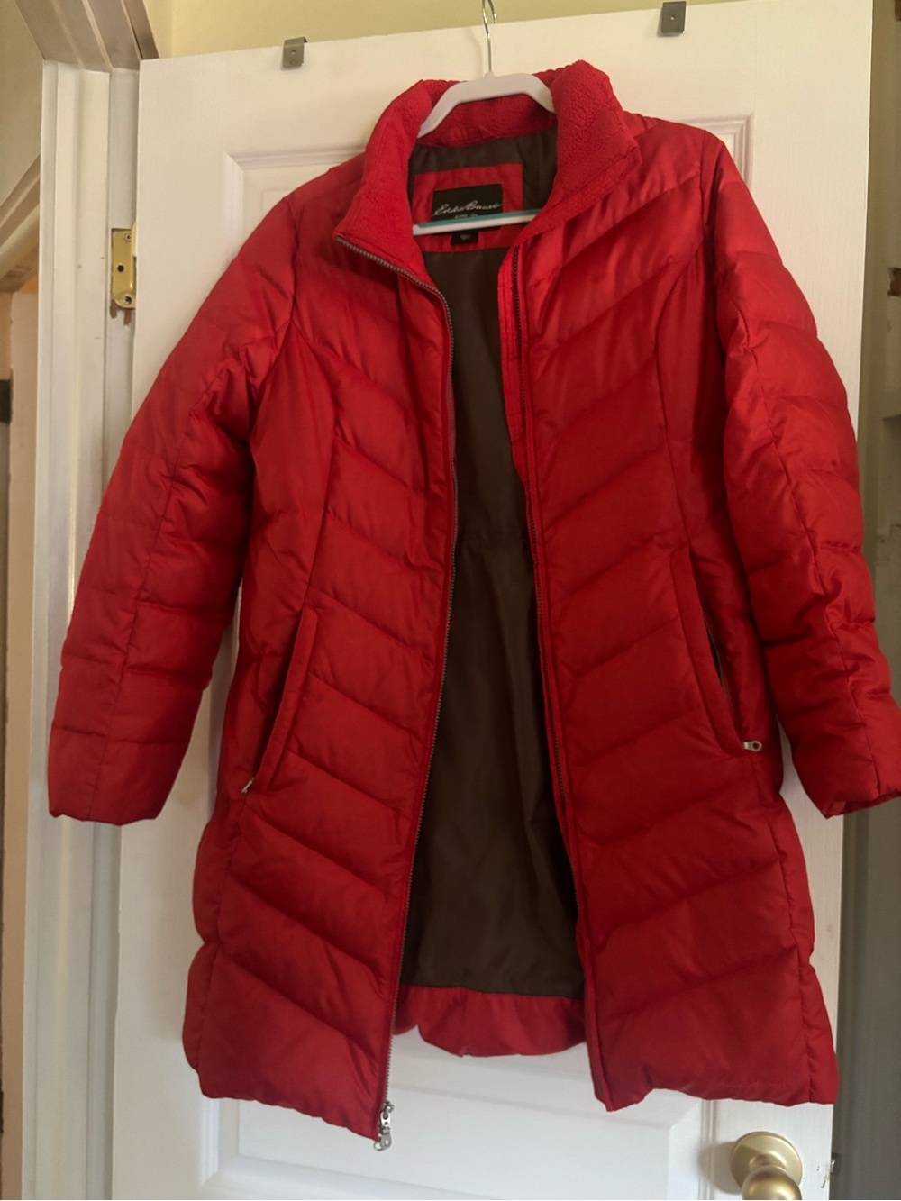 Eddie Bauer Red Quilted Long Puffer Jacket